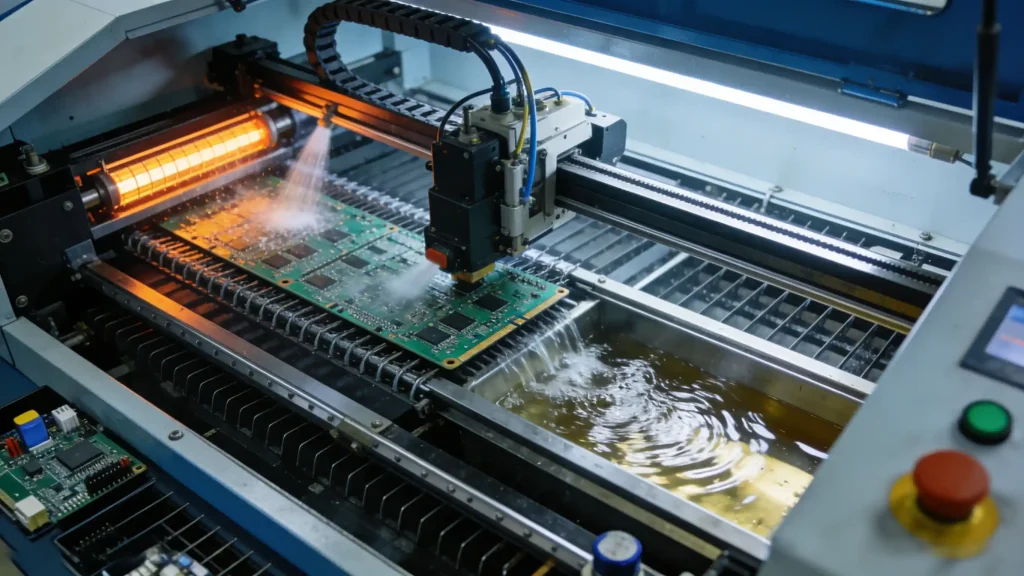 Industrial wave soldering machine used in the THT assembly process for mass production of electronic components.