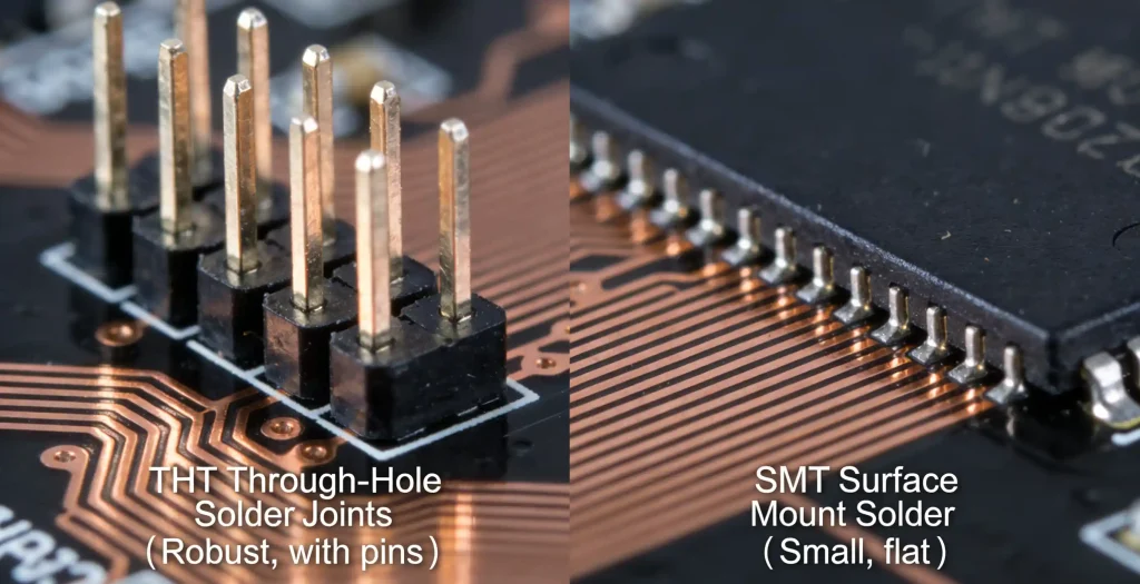 Visual comparison between THT through-hole soldering and SMT surface mount technology for PCB assembly.