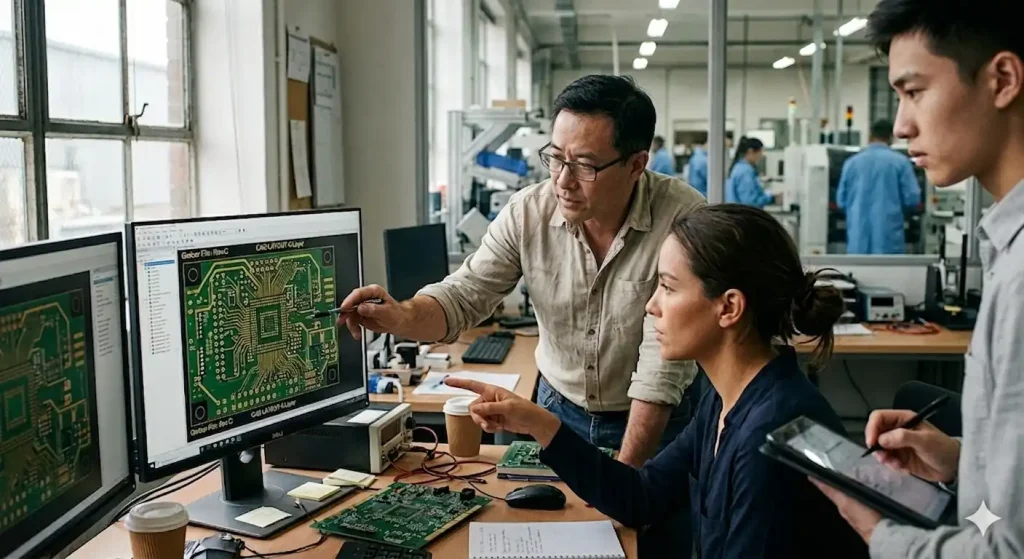 engineers performing DFM analysis on PCB design