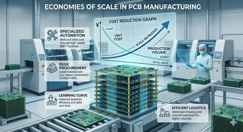 high volume PCB assembly cost reduction economies of scale manufacturing