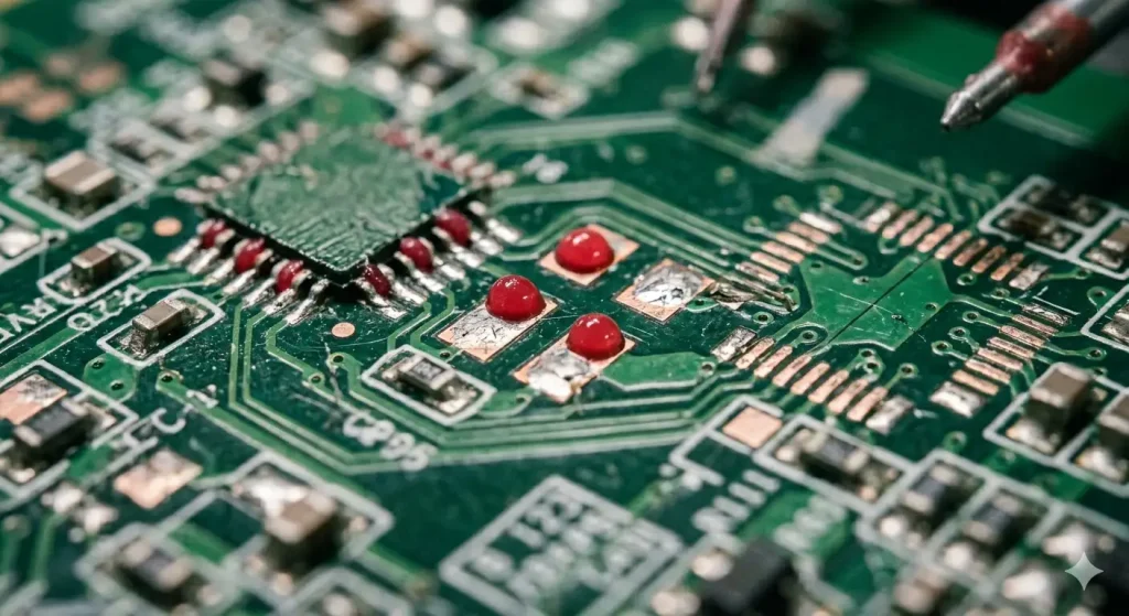 close-up of SMT red glue applied on PCB before component placement