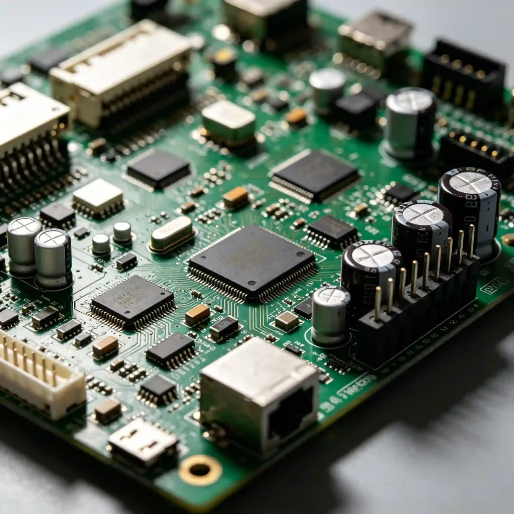hybrid PCB assembly showing both SMT and THT components on electronic circuit board