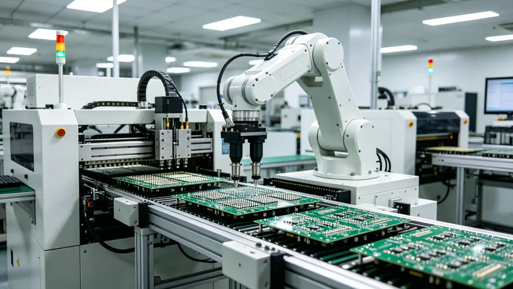 SMT pick and place machine assembling PCB in automated electronics factory