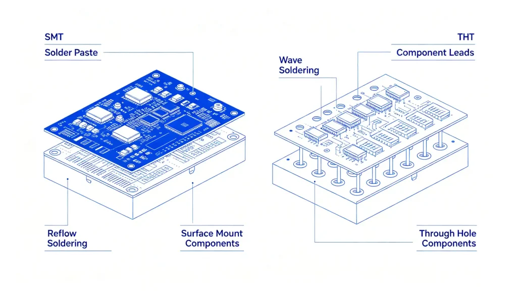 technical diagram comparing SMT surface mount and THT through hole PCB structure