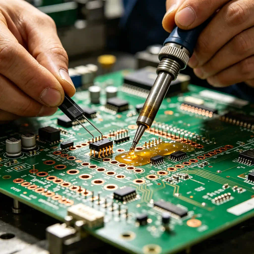 through hole PCB assembly process showing component insertion and soldering on PCB