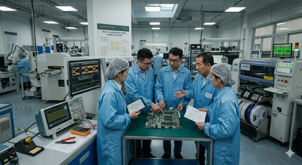 Professional PCB manufacturing engineers discussing industrial motherboard production inside electronics factory