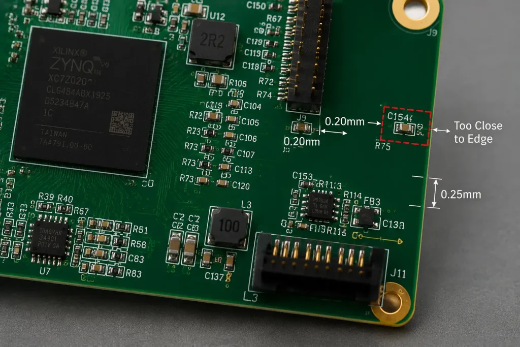 PCB component placement DFM rules — SMD spacing measurements and board edge clearance violations highlighted on multilayer circuit board