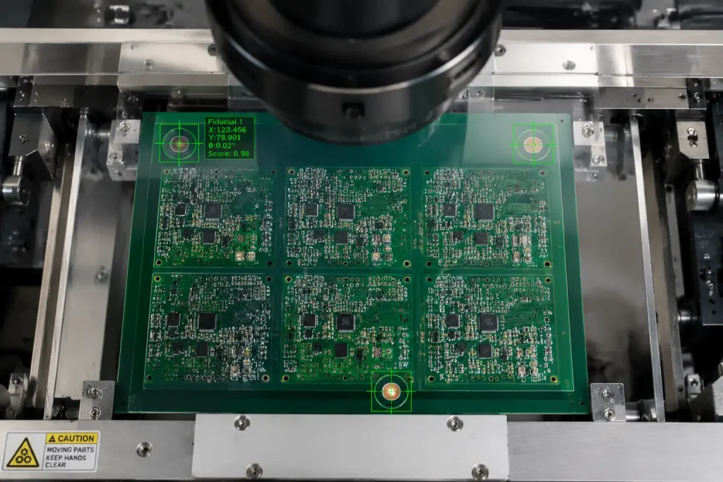 PCB fiducial marks on manufacturing panel captured by pick-and-place machine vision system — three global fiducial marks for automated SMT assembly alignment, Wells Electronics DFM requirement