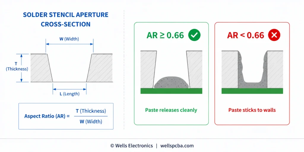 PCB stencil aperture area ratio formula and DFM rule infographic — AR must be 0.66 or greater for consistent solder paste release, by Wells Electronics