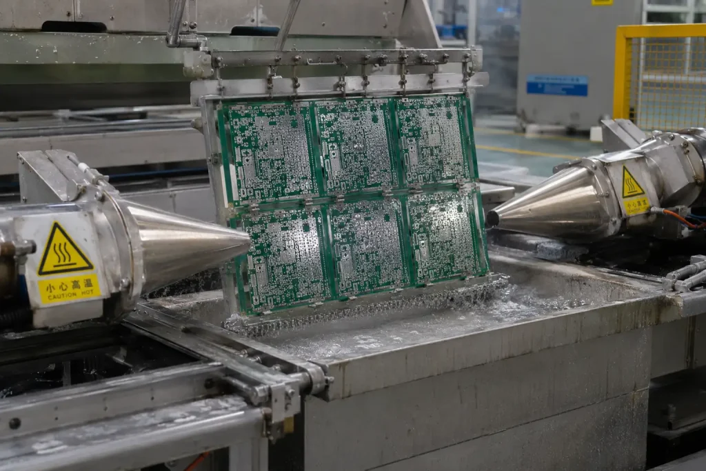 HASL hot air solder leveling machine in operation at PCB factory — PCB surface finish process showing hot air knives leveling molten solder on green PCB panel
