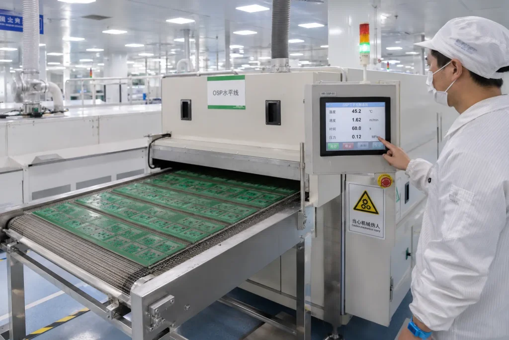 OSP organic solderability preservative PCB surface finish coating line at Wells Electronics factory — horizontal conveyor system applying benzimidazole organic protective coating to PCB panels