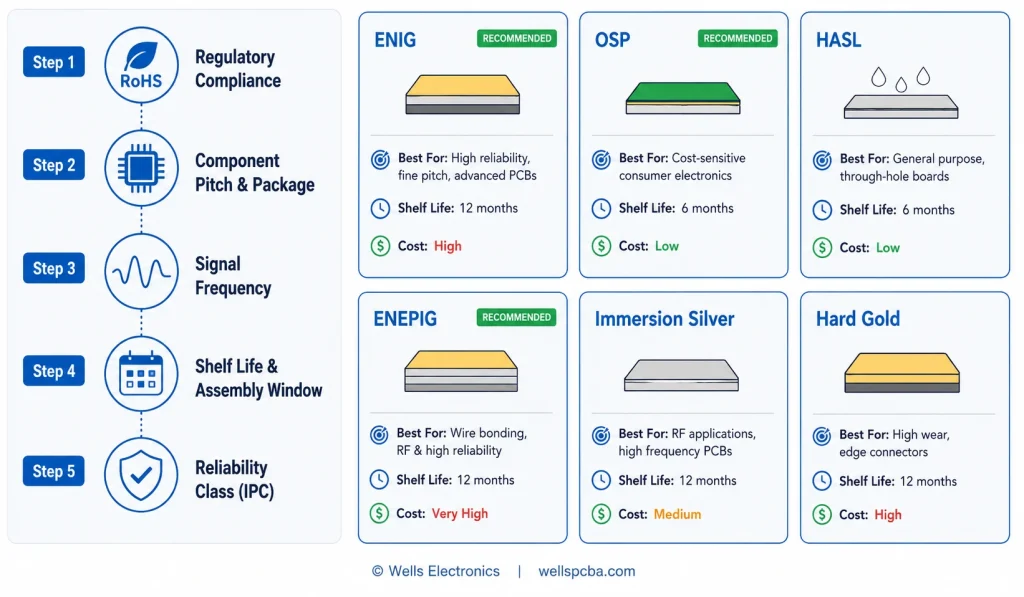 PCB surface finish 5-step selection framework infographic — how to choose between HASL, ENIG, ENEPIG, OSP, Immersion Silver, and Immersion Tin based on compliance, pitch, frequency, shelf life, and reliability class. By Wells Electronics