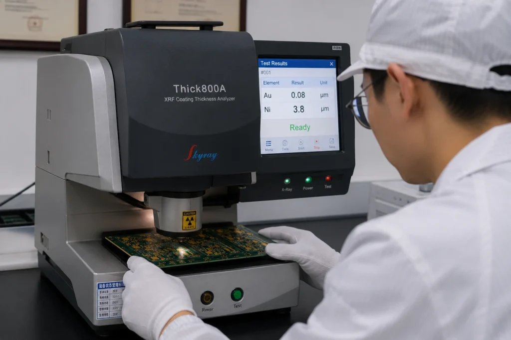 XRF X-ray fluorescence instrument measuring ENIG gold and nickel plating thickness on PCB surface finish sample at Wells Electronics quality control laboratory — per-lot thickness verification process