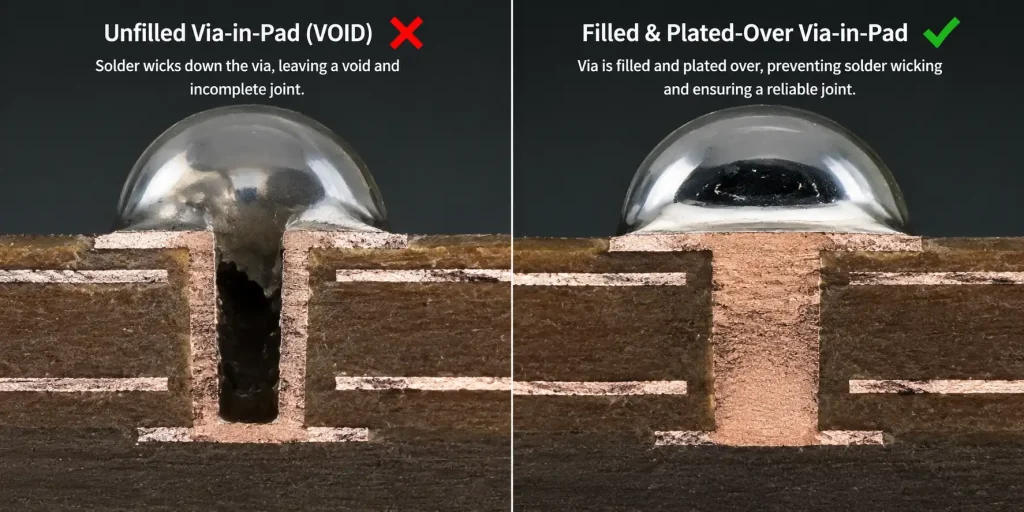 Via-in-pad DFM comparison: unfilled via causing solder void (left, incorrect) versus filled and capped via with IPC-4761 Type VII specification (right, correct) — Wells Electronics PCB DFM guidelines